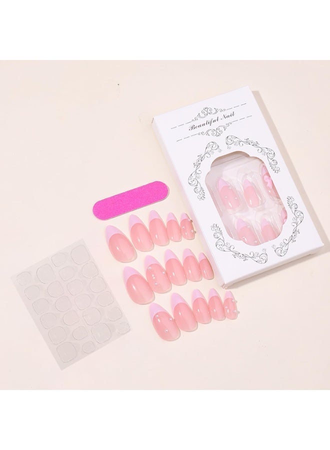 Joudi 24 Pcs Pink French Tip Press on Nails Short Fake Nails Almond Shape False Nails Reusable Acrylic Nails Press ons Cute Pearl Bow Nails Design Handmade Nails Full Cover Glue-Free on Nails for Women - Image 3